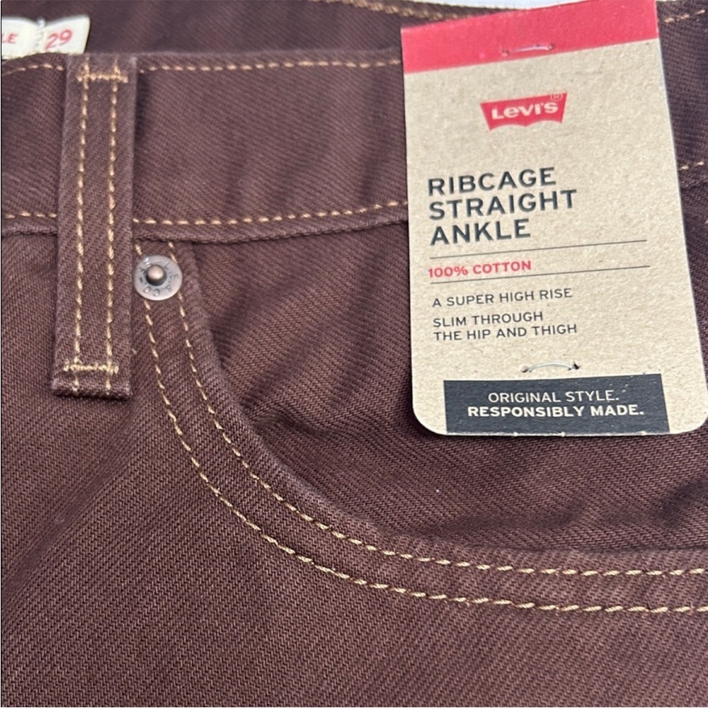 Levi’s 29x27 Jeans Ribcage Straight Ankle Brown Exposed Snap Fly 100% cotton NWT - Picture 8 of 14